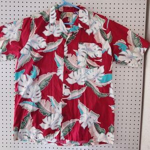 Vintage Big Kanaka Forzini Hawaiian Shirt XL Tall Red Monstera Leaf Made In USA